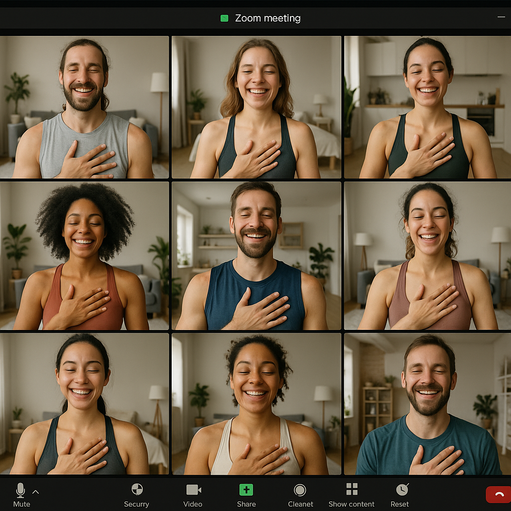 community of people online in a Zoom call in active wear after a breathwork journey-1